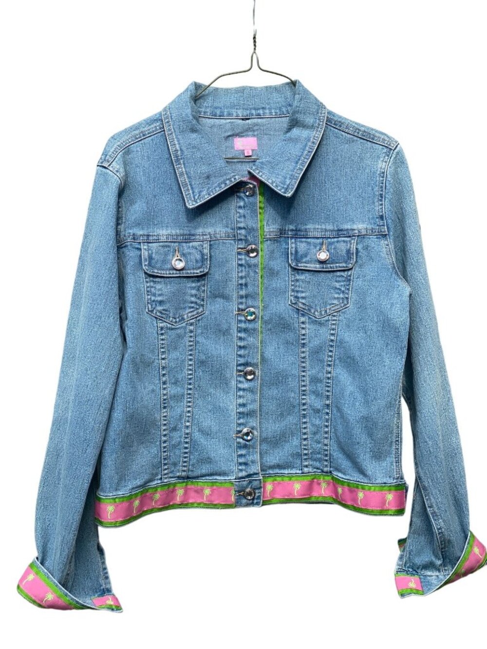 Women Molly B denim jean jacket S green pink ribbon palm trees rhinestone button